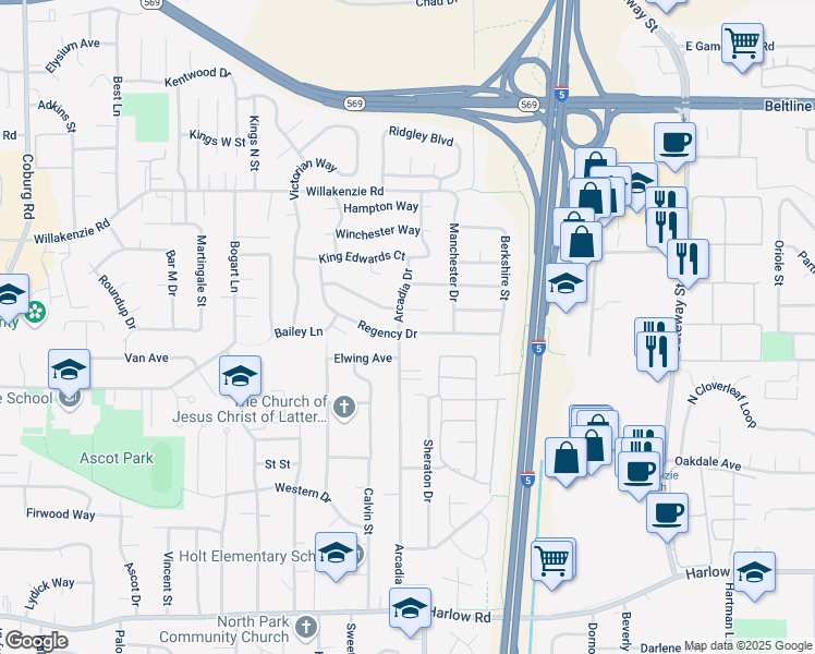 map of restaurants, bars, coffee shops, grocery stores, and more near 1186 Regency Drive in Eugene