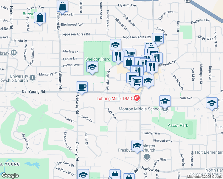 map of restaurants, bars, coffee shops, grocery stores, and more near 2477 Cal Young Road in Eugene