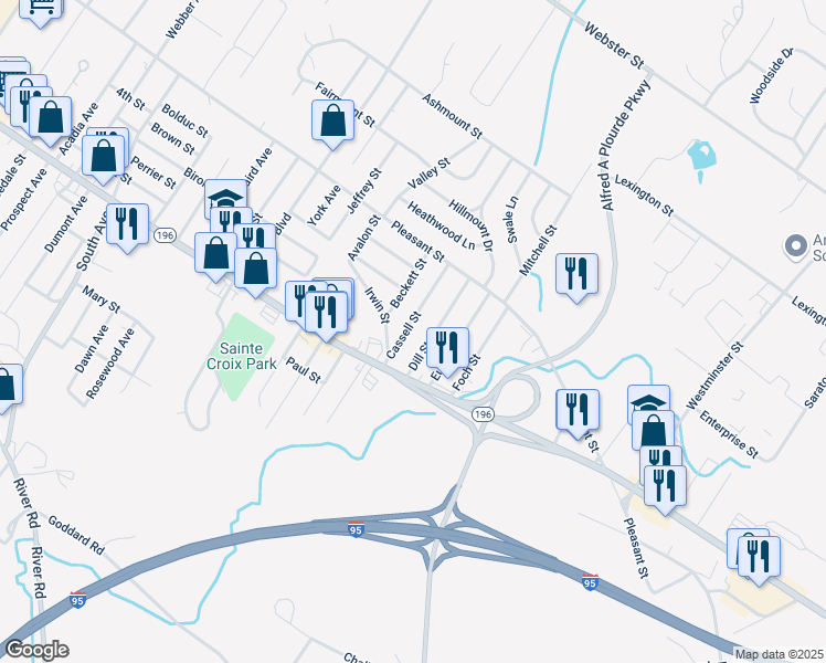 map of restaurants, bars, coffee shops, grocery stores, and more near 31 Dill Street in Lewiston
