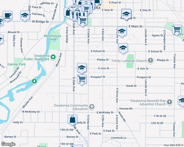 map of restaurants, bars, coffee shops, grocery stores, and more near 120 Prospect Street in Owatonna