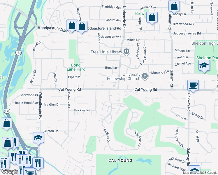 map of restaurants, bars, coffee shops, grocery stores, and more near 1381 Spyglass Drive in Eugene