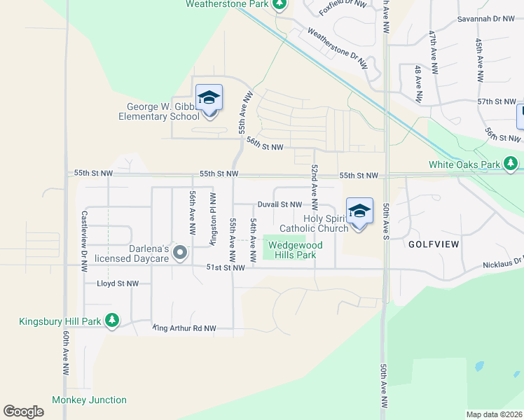 map of restaurants, bars, coffee shops, grocery stores, and more near 5329 54th Avenue Northwest in Rochester