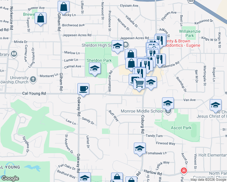 map of restaurants, bars, coffee shops, grocery stores, and more near 2477 Cal Young Road in Eugene