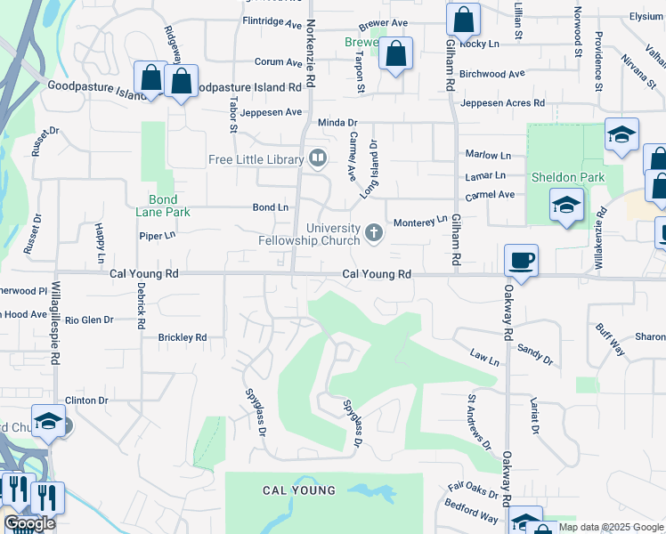 map of restaurants, bars, coffee shops, grocery stores, and more near 1745 Cal Young Road in Eugene