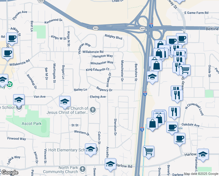 map of restaurants, bars, coffee shops, grocery stores, and more near 1186 Regency Drive in Eugene