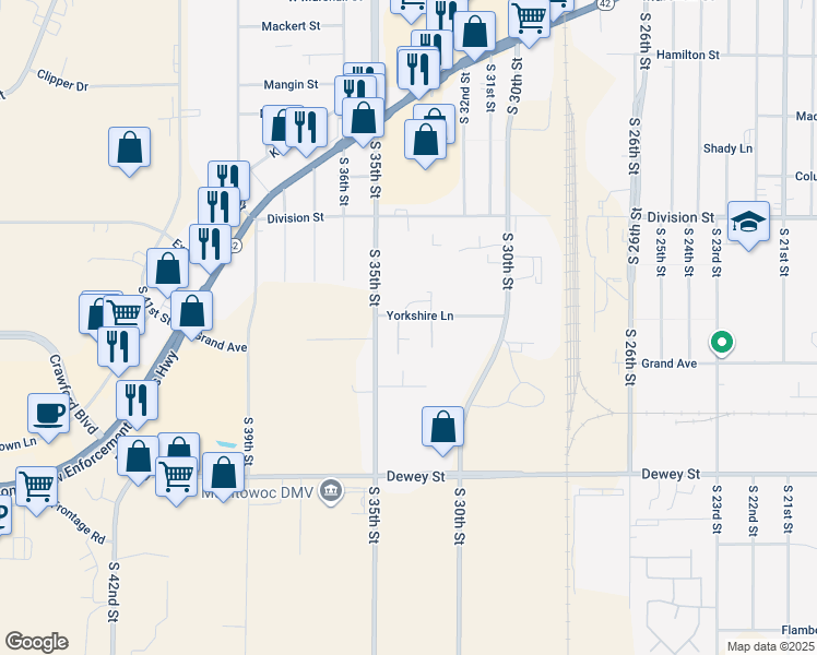 map of restaurants, bars, coffee shops, grocery stores, and more near 3315 Yorkshire Lane in Manitowoc