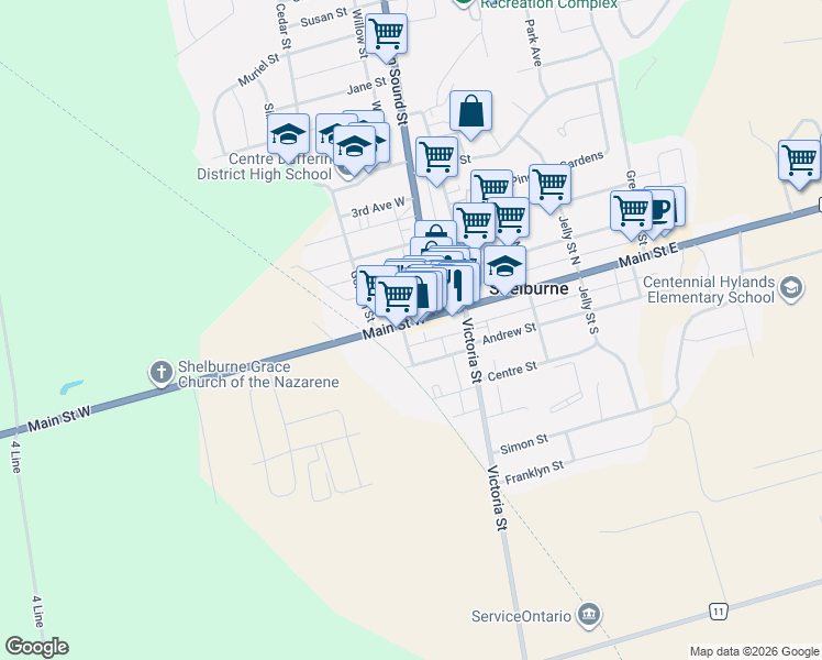 map of restaurants, bars, coffee shops, grocery stores, and more near 179 Main Street West in Shelburne
