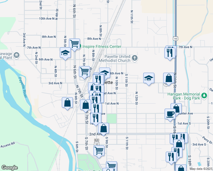 map of restaurants, bars, coffee shops, grocery stores, and more near 225 North 9th Street in Payette