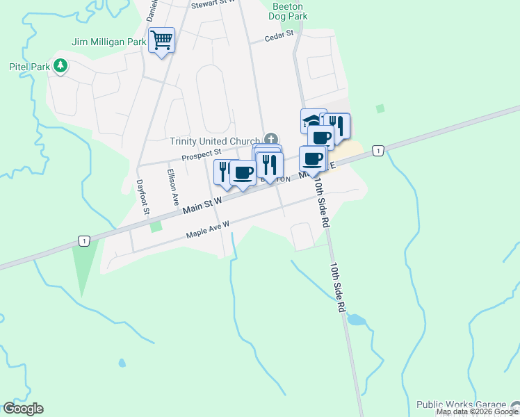 map of restaurants, bars, coffee shops, grocery stores, and more near 10 Maple Avenue West in New Tecumseth