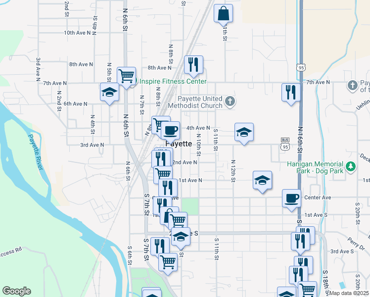 map of restaurants, bars, coffee shops, grocery stores, and more near 213 North 10th Street in Payette