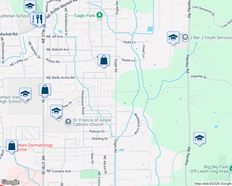map of restaurants, bars, coffee shops, grocery stores, and more near 62725 Eagle Road in Bend