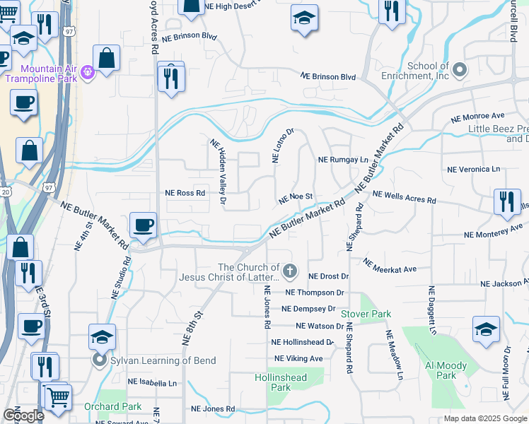 map of restaurants, bars, coffee shops, grocery stores, and more near 1226 Northeast Shane Lane in Bend