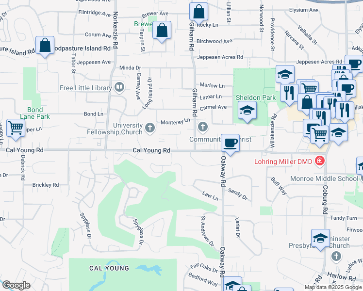 map of restaurants, bars, coffee shops, grocery stores, and more near 2034 Cal Young Road in Eugene