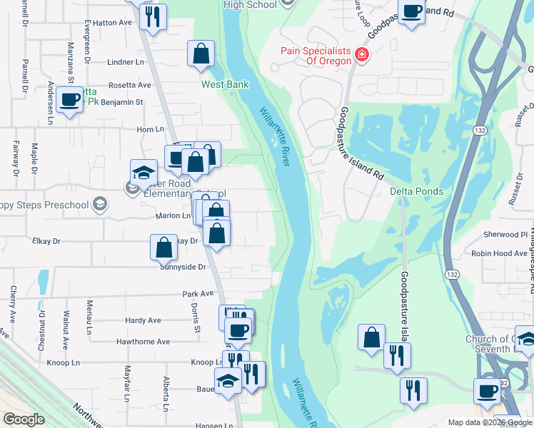 map of restaurants, bars, coffee shops, grocery stores, and more near 164 Oakleigh Lane in Eugene