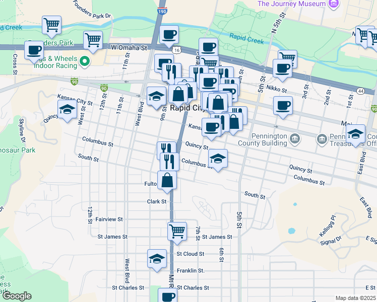 map of restaurants, bars, coffee shops, grocery stores, and more near 717 Quincy Street in Rapid City