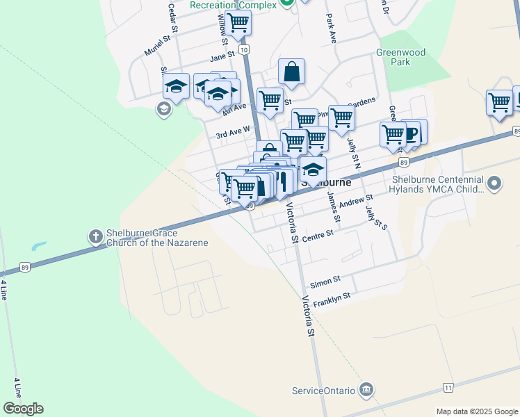 map of restaurants, bars, coffee shops, grocery stores, and more near 143 Main Street West in Shelburne