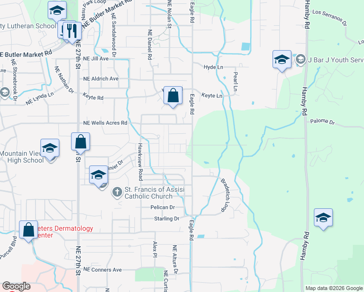 map of restaurants, bars, coffee shops, grocery stores, and more near 62725 Eagle Road in Bend