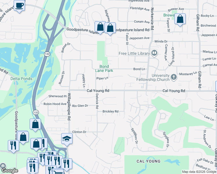 map of restaurants, bars, coffee shops, grocery stores, and more near 1272 Cal Young Road in Eugene