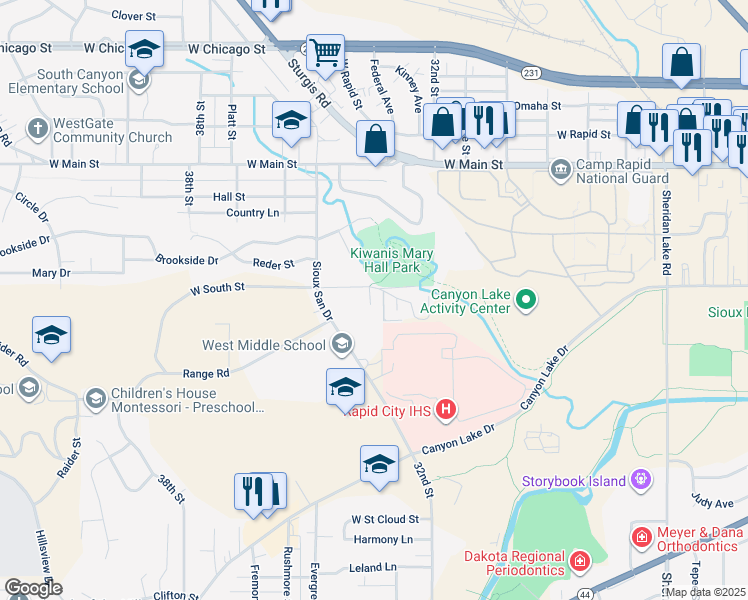 map of restaurants, bars, coffee shops, grocery stores, and more near 3305 West South Street in Rapid City