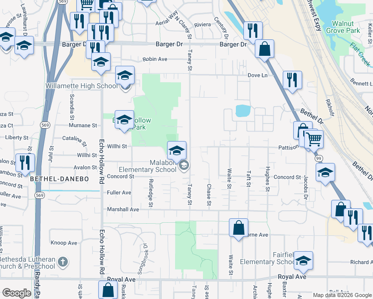 map of restaurants, bars, coffee shops, grocery stores, and more near 1425 Taney Street in Eugene