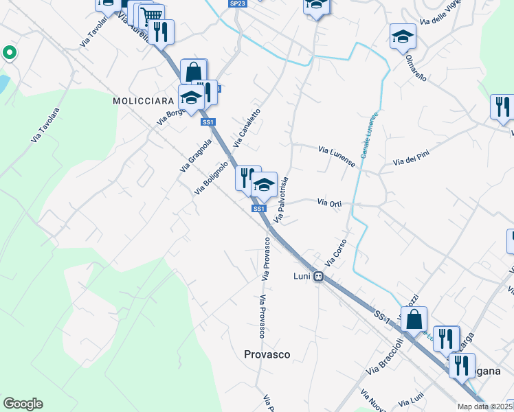 map of restaurants, bars, coffee shops, grocery stores, and more near 210 Via Aurelia in Colombiera-molicciara