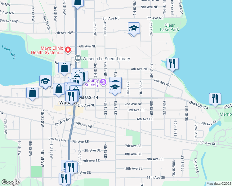 map of restaurants, bars, coffee shops, grocery stores, and more near 501 East Elm Avenue in Waseca
