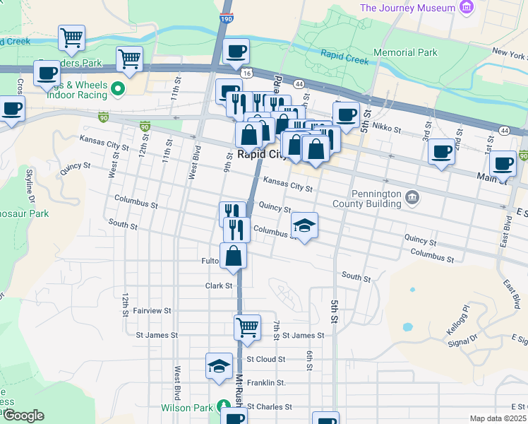 map of restaurants, bars, coffee shops, grocery stores, and more near 717 Quincy Street in Rapid City
