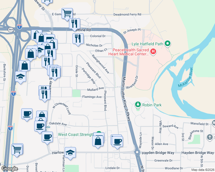 map of restaurants, bars, coffee shops, grocery stores, and more near 480 Mallard Avenue in Springfield