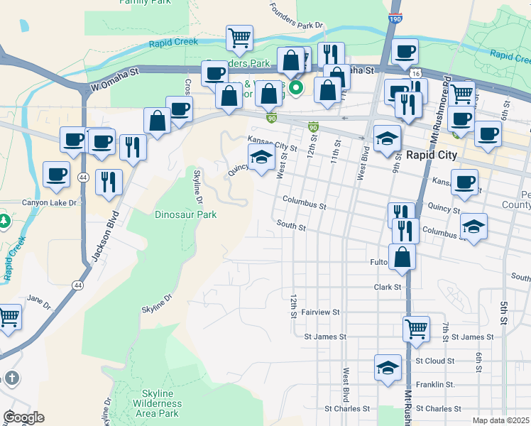 map of restaurants, bars, coffee shops, grocery stores, and more near 913 West Street in Rapid City