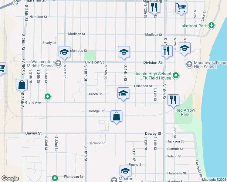 map of restaurants, bars, coffee shops, grocery stores, and more near 1719 South 15th Street in Manitowoc