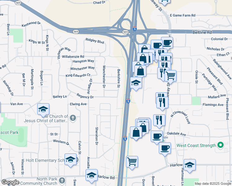 map of restaurants, bars, coffee shops, grocery stores, and more near 1122 Regency Drive in Eugene