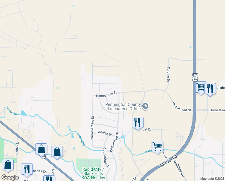 map of restaurants, bars, coffee shops, grocery stores, and more near 3216 Homestead Street in Rapid City