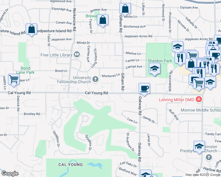map of restaurants, bars, coffee shops, grocery stores, and more near 1460 Morningside Drive in Eugene