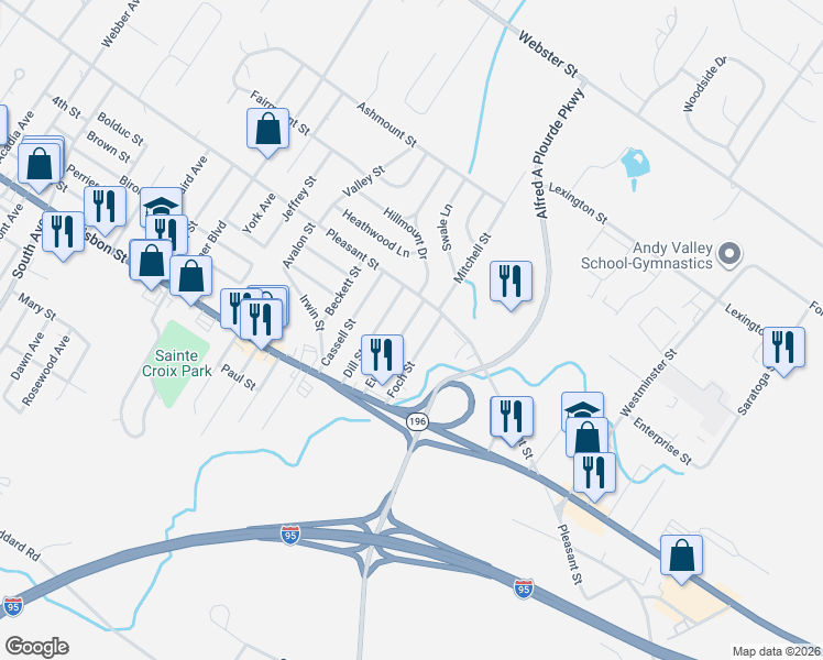 map of restaurants, bars, coffee shops, grocery stores, and more near 43 Eustis Street in Lewiston