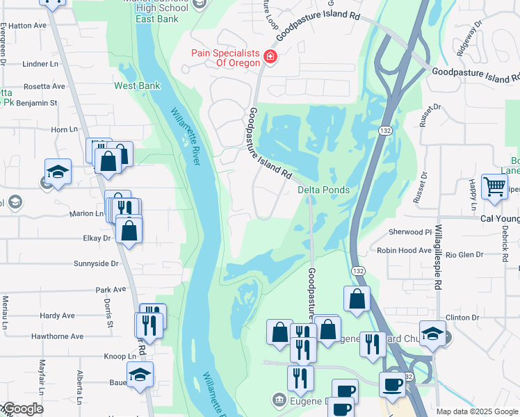 map of restaurants, bars, coffee shops, grocery stores, and more near 456 Alexander Loop in Eugene