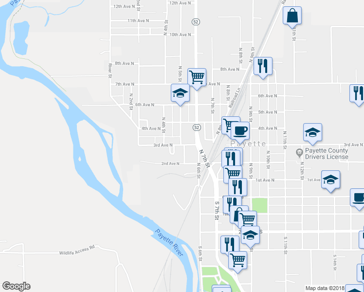 map of restaurants, bars, coffee shops, grocery stores, and more near 456 3rd Avenue North in Payette