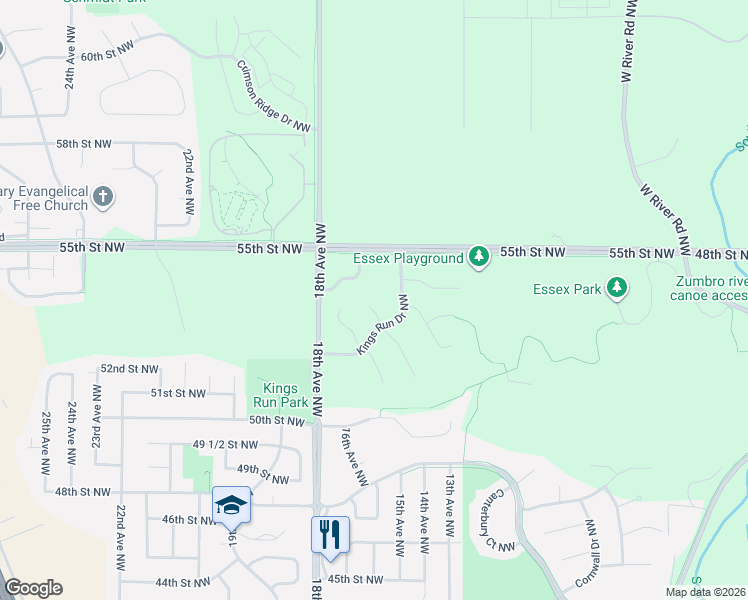 map of restaurants, bars, coffee shops, grocery stores, and more near 5319 Highgrove Lane Northwest in Rochester
