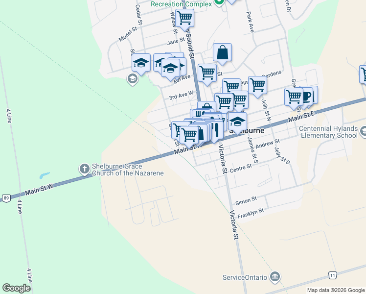 map of restaurants, bars, coffee shops, grocery stores, and more near 152 Main Street West in Shelburne