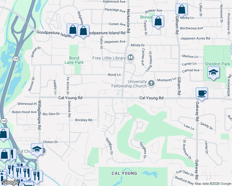 map of restaurants, bars, coffee shops, grocery stores, and more near 1381 Spyglass Drive in Eugene
