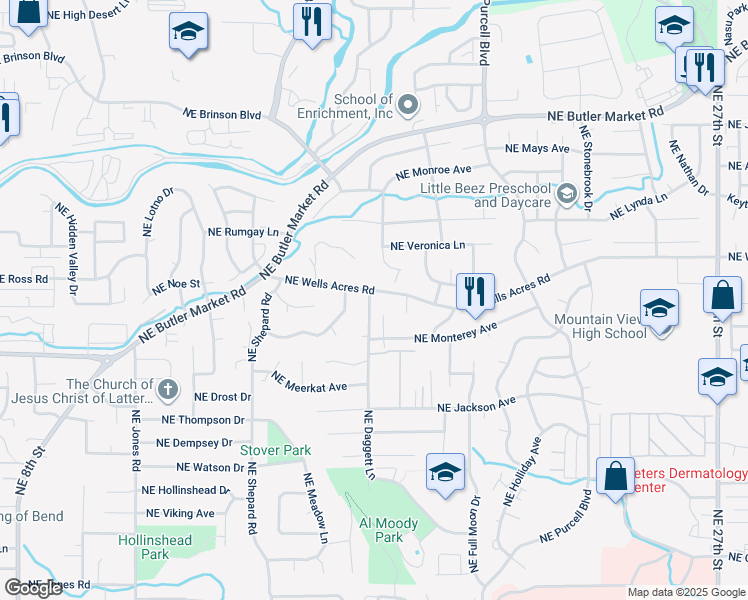 map of restaurants, bars, coffee shops, grocery stores, and more near 2752 Northeast Sycamore Court in Bend