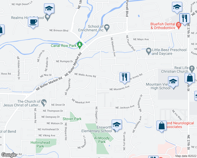 map of restaurants, bars, coffee shops, grocery stores, and more near 2858 Northeast Daggett Lane in Bend