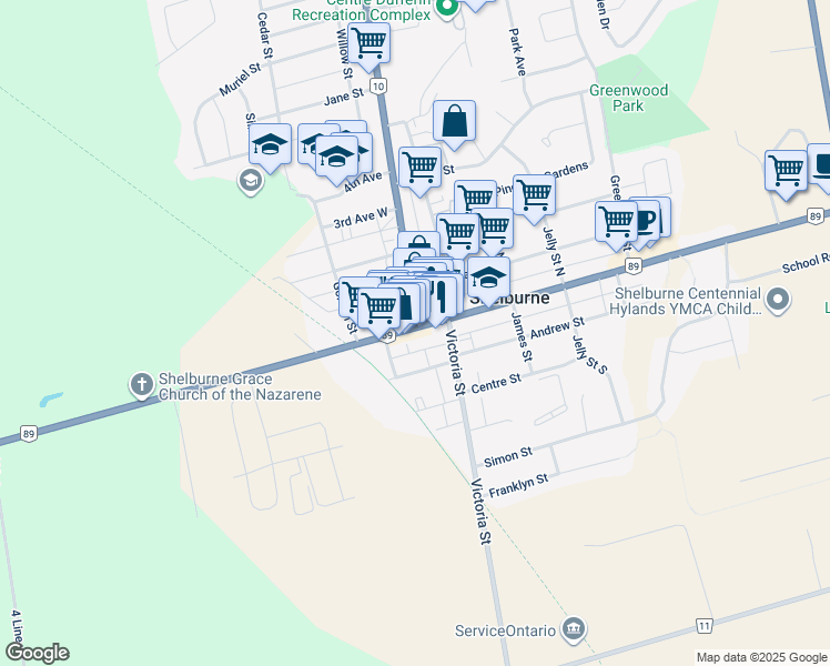 map of restaurants, bars, coffee shops, grocery stores, and more near 143 Main Street West in Shelburne