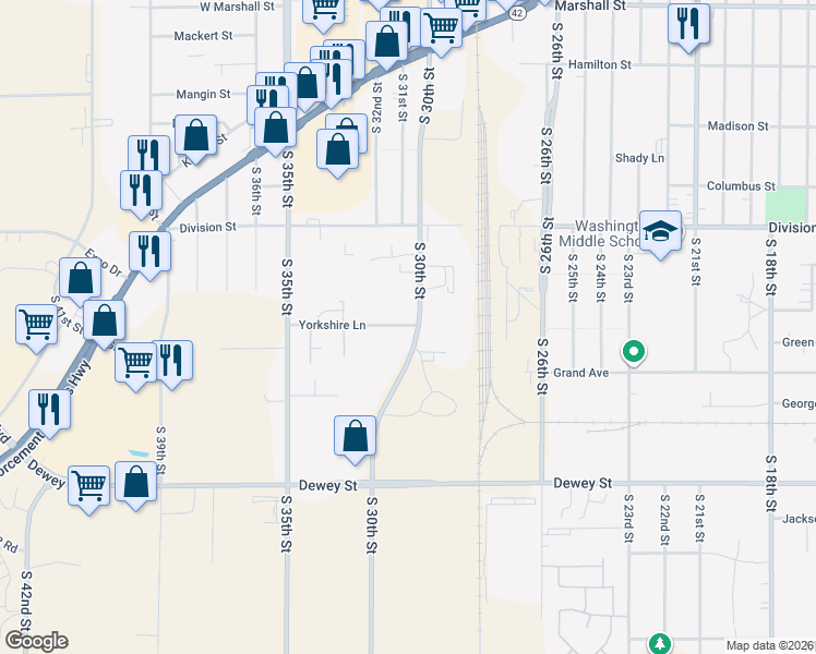 map of restaurants, bars, coffee shops, grocery stores, and more near 1769-1935 South 30th Street in Manitowoc