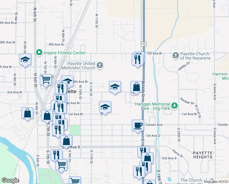 map of restaurants, bars, coffee shops, grocery stores, and more near 1320 3rd Avenue North in Payette