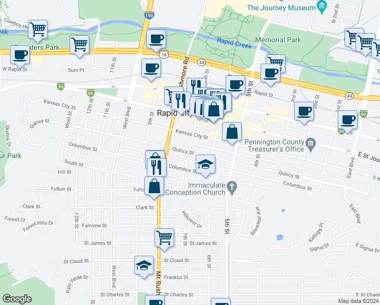 map of restaurants, bars, coffee shops, grocery stores, and more near 698 Quincy Street in Rapid City