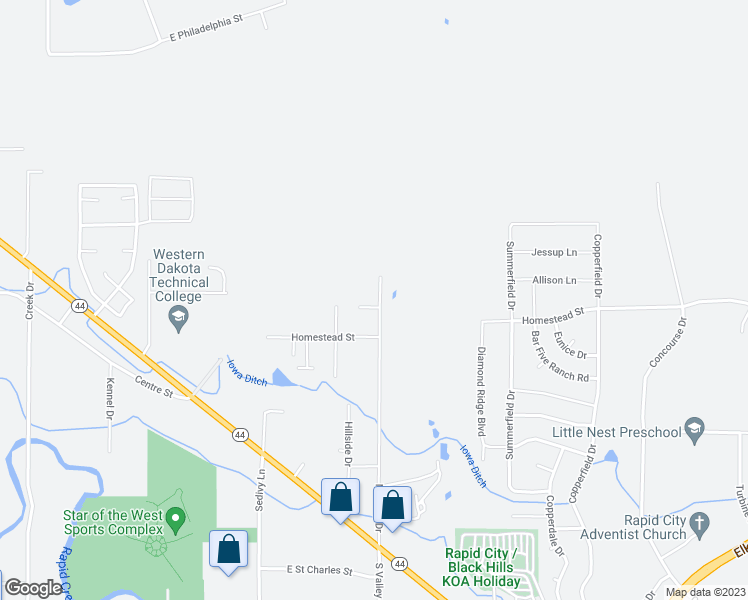 map of restaurants, bars, coffee shops, grocery stores, and more near 607 Valley Drive in Rapid City