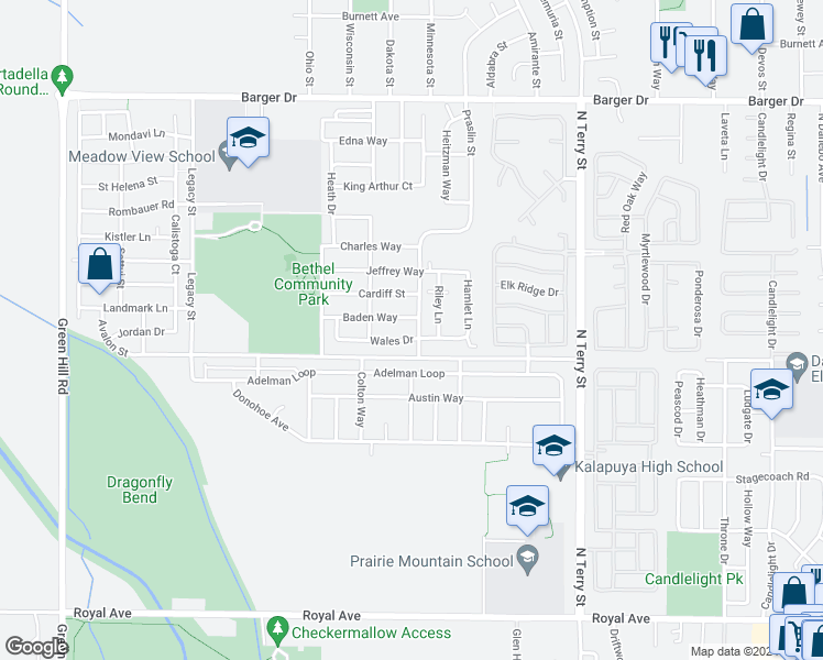 map of restaurants, bars, coffee shops, grocery stores, and more near 1622 Praslin Street in Eugene