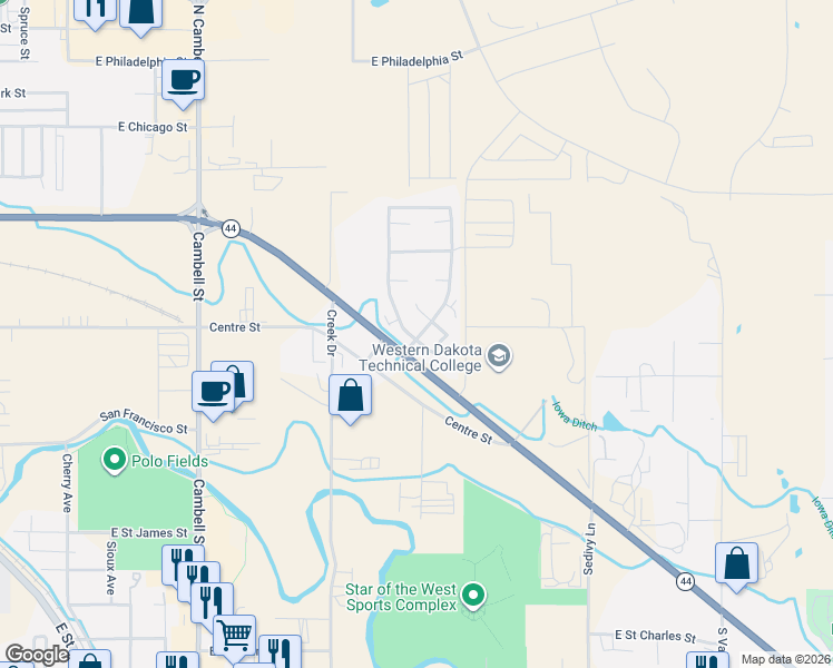 map of restaurants, bars, coffee shops, grocery stores, and more near 1769-1917 Highway 44 in Rapid City