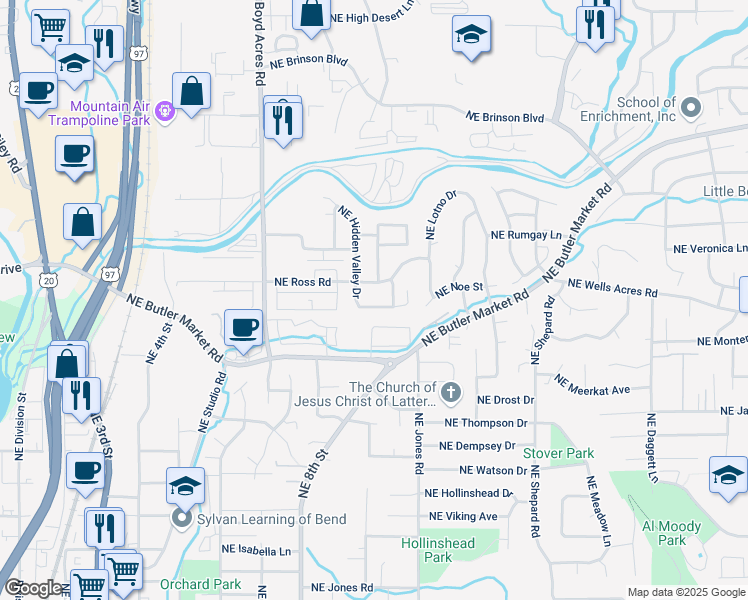 map of restaurants, bars, coffee shops, grocery stores, and more near 980 Northeast Hidden Valley Drive in Bend
