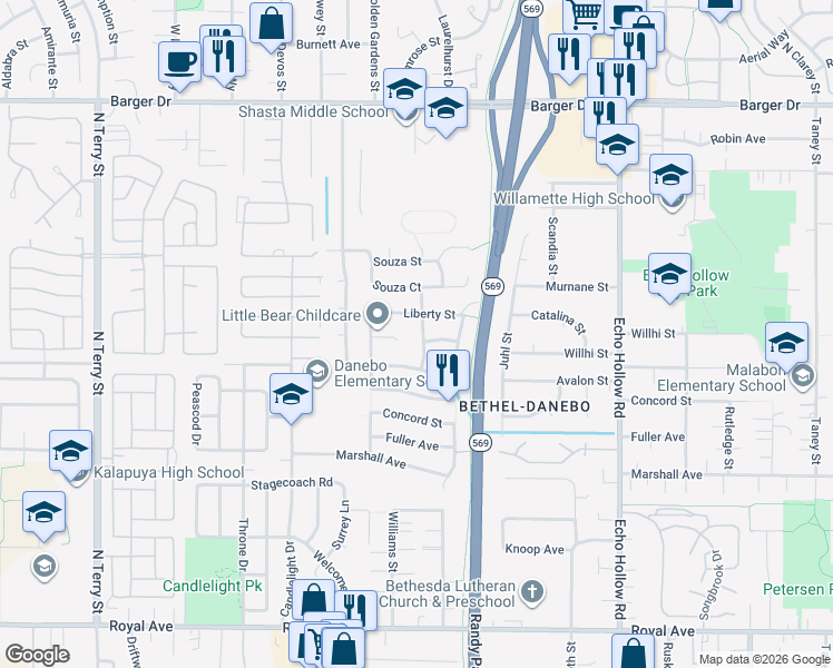 map of restaurants, bars, coffee shops, grocery stores, and more near 1531 Philip Street in Eugene